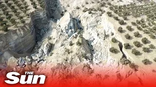 Drone footage shows olive field split in HALF by huge fault line after Southern Turkey earthquakes