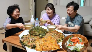 Korean Pancakes made of seafoods, green onion and Kimchi😋VLOG in in-law's house🍕Kitchen Garden