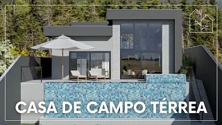 PROJETO CASA MONTANHA | Casa de campo térrea com pé direito duplo e piscina com borda infinita