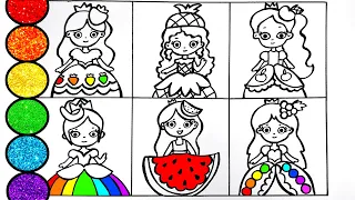 How to draw Fruit Princesses- Watermelon Apple Strawberry and others- Glitter painting for kids