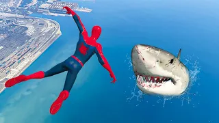 GTA 5 Epic Ragdolls | Spider-Man Classic vs SHARK Jumps/Fails (Funny Moments) Ep.143