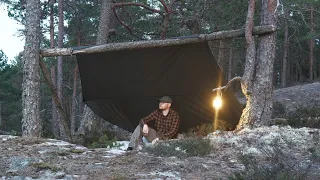 Bushcraft overnight camp - Making shelter and relaxing in hammock