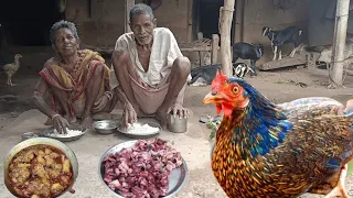 village old grandma & grandpa cooking COUNTRY CHICKEN curry and eating with hot rice || typical life