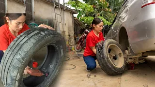 Fixing car tires after days of illness, the life of a single mother | Quan Thi Vui