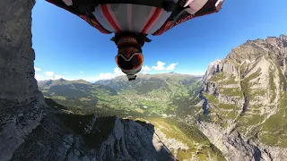 Geraldine Fasnacht is flying with her wingsuit the Eiger South Face