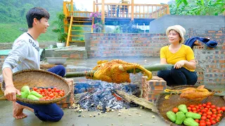 Tomato harvesting, outdoor cooking, chicken roasting, gardening, family farm, living with nature