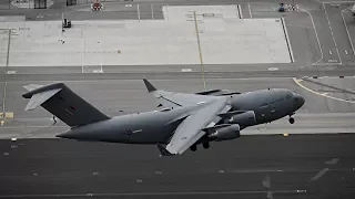Gibraltar Airport- LXGB RAF Boeing C-17A Globemaster III - ZZ175  takeoff and low level fly past.