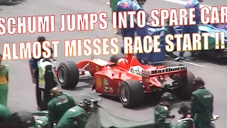 Formula 1 2001 Malaysian GP Michael Schumacher switches to spare car, almost misses the start!!