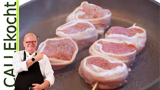 Schweinefilet im Speckmantel. Schnelles Pfannengericht in 15 Minuten!