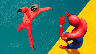 GTA 5 Ragdolls Spiderman VS Squid Game Guard Jumps/Fails || Funny Moments