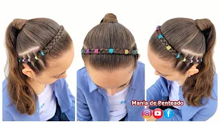 Penteado Rabo de Cavalo Alto com Elásticos e Trança 🥰| Ponytail Hairstyle with Elastics for Girls 😍