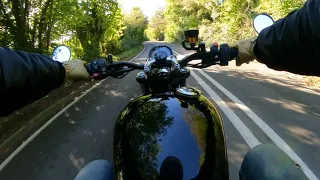 Riding my 2020 Triumph Street Twin Bonneville 900cc on the Surrey Hills in England.