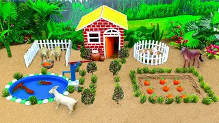 DIY tractor Farm Diorama with mini house for animals !! small lake with goldfish, red fruit tree #10