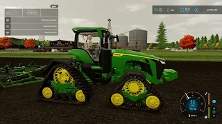 John Deere 8RX pulling a Diamond harrow