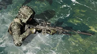 Female Operator in Ghost Recon Breakpoint against enemy soldiers and a gigantic Behemoth