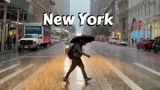 Walking In Heavy Rain Thunderstorm Manhattan New York - Lightning And Rainbow