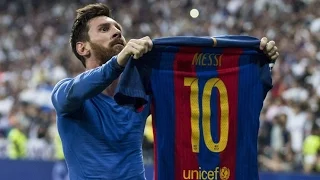 The Goal Celebration by MESSI, showing his jersey to the Real Madrid fans in Bernabéu