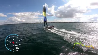 Hobie Cat 18 Peter og Søren 26.7.2020. Båring Vig 6-8 m/s SV.