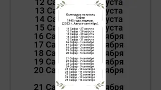 Календарь на месяц Сафар 1445 года хиджры. (2023 г. Август-сентябрь).