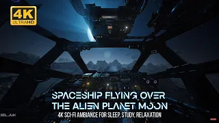 Spaceship Patrol Flight Over The Alien Planet Moon. Sci-Fi Ambience 4K UHD