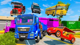 Double Flatbed Trailer Tractor rescue Bus - Cars Racing - Cars vs Trains & Rail