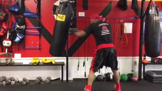Hitting the heavy bag with a professional boxer