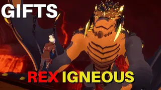 Rayla, Callum and Ezran deliver their treasures to Rex Igneous