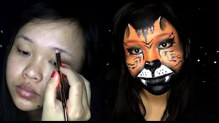 TURNING MYSELF INTO TIGER - TIGER FACE PAINTING MAKE UP - HALLOWEEN MAKE UP