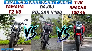 Bajaj Pulsar N160 vs Yamaha FZ V3 vs TVS Apache RTR 160 4V - Comparison Video | MotorBeam हिन्दी