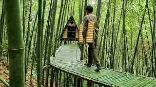 Building tents on bamboo tops, bamboo houses in the forest and cooking - Tropical forest