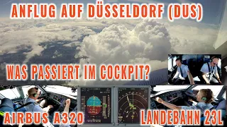 Dusseldorf (DUS): What happens in the Airbus cockpit? Approach + landing Rwy 23L. With birds + rain
