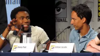 Donald Glover and Danny Pudi do the Troy and Abed Handshake