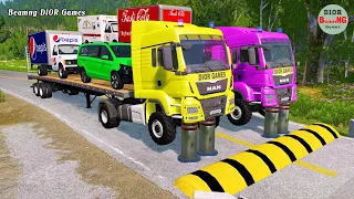 Double Flatbed Trailer Truck cars vs rails tractor vs train cars vs bollards Beamng Drive 399