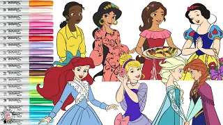 Disney Princess Coloring Book Compilation Ariel Jasmine Tiana Elena Anna Elsa Snow White Cinderella