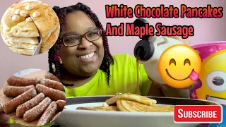 WHITE CHOCOLATE PANCAKES AND MAPLE SAUSAGE MUKBANG |HAPPY VALENTINE’S DAY |HONIMAMA