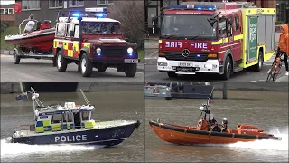 Rescue Boats responding with siren and lights + Fire Trucks, Police Cars and Ambulances