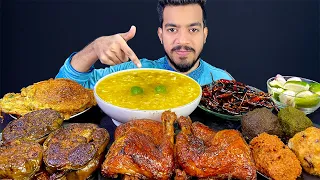 ASMR:EATING DAL, FRY CHICKEN, OMLETE,EGGPLANT, DIFFERENT TYPES OF ALOO BHARTHA WITH RICE EATING SHOW