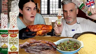 Brits Try [LIQUID SMOKE] Pulled Pork & SC BBQ Sides for the first time!