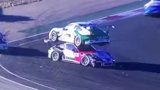 Watch crazy Porsche crash that leaves one car ON TOP of another during Navarra 2015 race