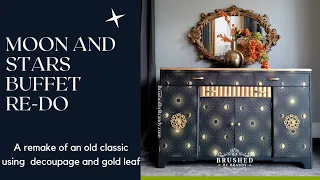 Moon and Stars buffet makeover using paint, decoupage & gold leaf!