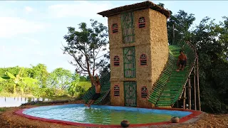 122 Days Build 3-Story Mud House With Twin Bamboo Water Slide Around House And Big Swimming Pool