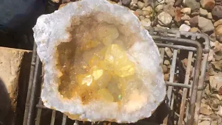 Fabulous Keokuk Geode Opening / Cracking, "Lemoness" Orange/Yellow Iridescent Calcite, Pyrite