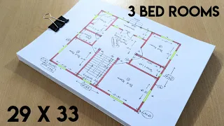 29 x 33 Three bedroom house plan II 29 x 33 Ghar ka naksha II 3 bhk home design