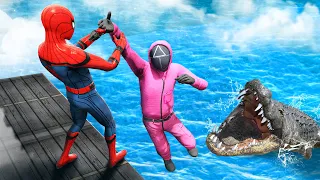 GTA 5 Water Ragdolls Spiderman and Squid Game Guard vs Alligator (Euphoria Physics)