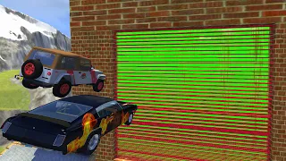 Crazy Vehicle High Speed Jumping through Green Slime Water Wall With Red Laser - BeamNG drive Jumps