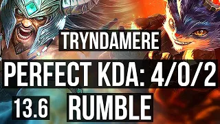 TRYNDAMERE vs RUMBLE (TOP) | 4/0/2, 1.8M mastery, 900+ games | KR Master | 13.6