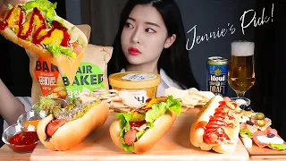 ASMR GIANT HOT DOGS & CANAPE MADE BY POTATO CHIPS! VARIOUS FINGER FOOD WITH DRAFT BEER 🌟 MUKBANG