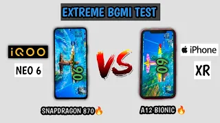IQOO NEO 6 VS IPHONE XR BGMI TEST WITH FPS METER | SNAPDRAGON 870 VS A12 BIONIC 🔥