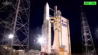 Liftoff of Arianespace’s Ariane 5 with Arabsat-6B (BADR-7) and GSAT-15