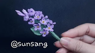 Crochet flower brooch - Hướng dẫn móc cài áo chùm hoa tím từ sợi